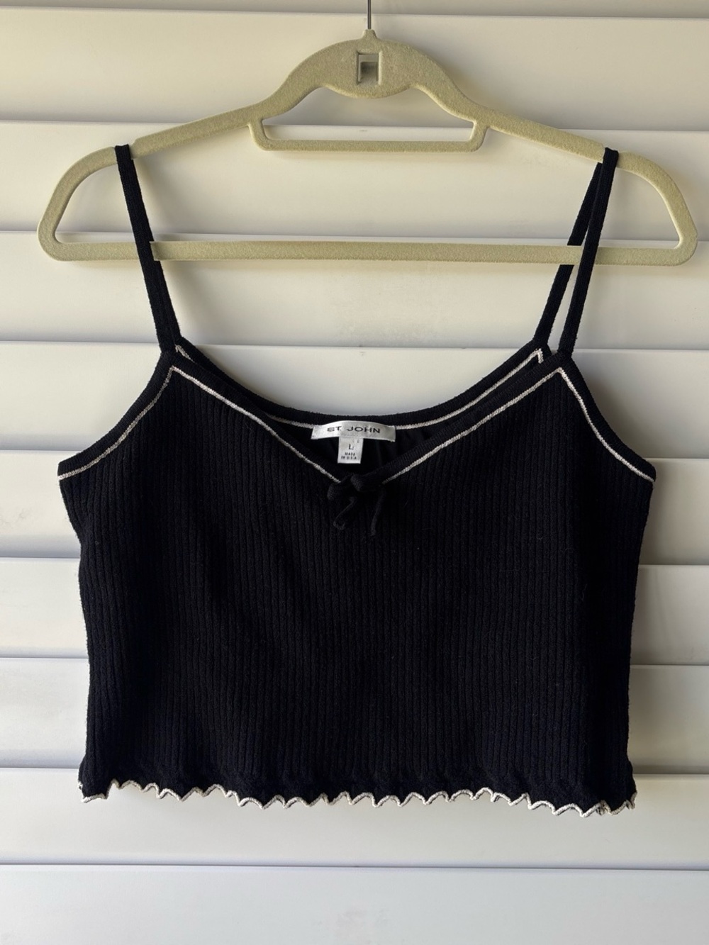 Vintage St John Black White Ribbed Knit Bow Built In Bra Cropped Cami Size L